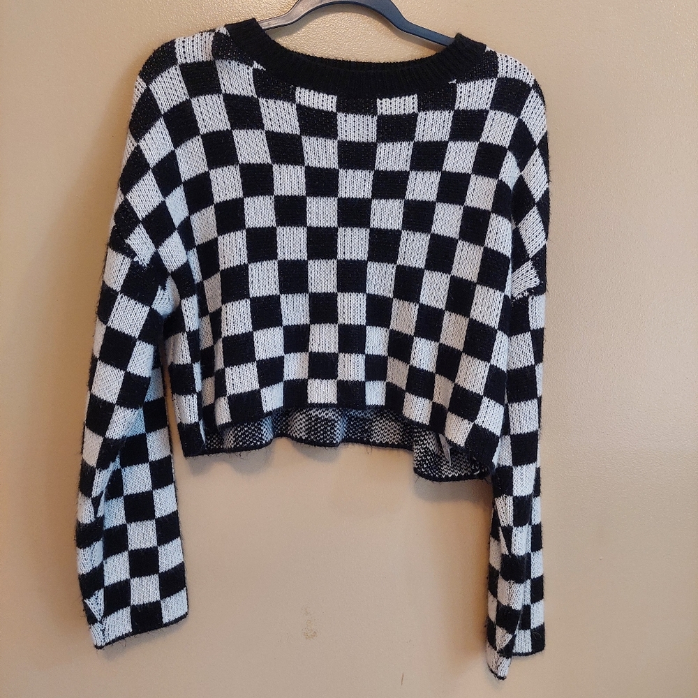 Checkered Crop Sweater | Y2K Checkerboard Knit | Trendy Fall Streetwear Large